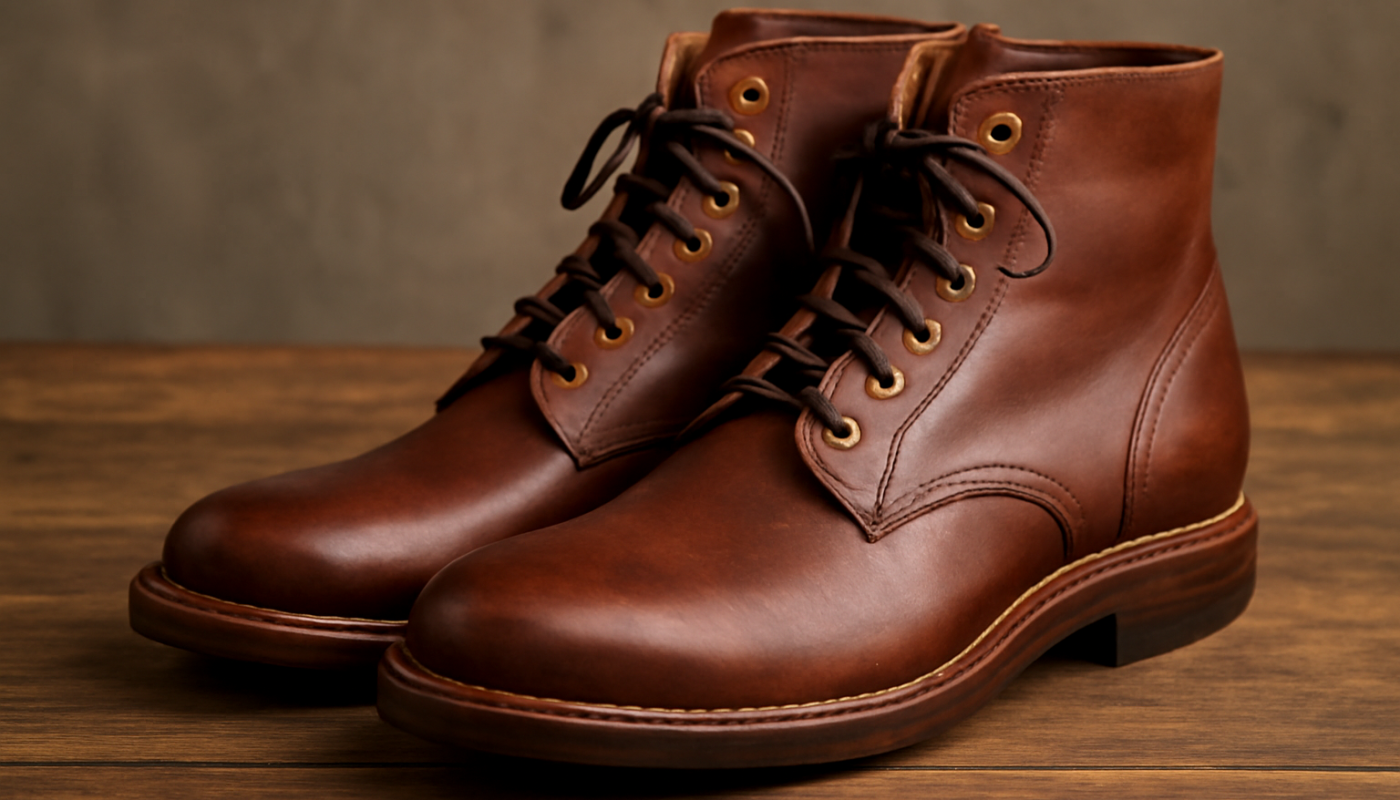 bottines en cuir artisanal posées sur table