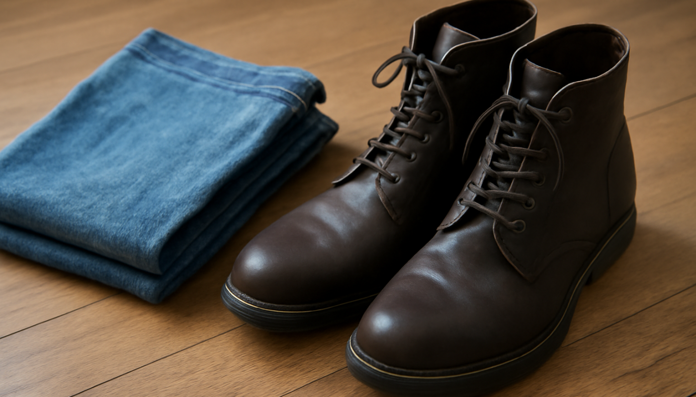 bottines montantes près d'un jean plié