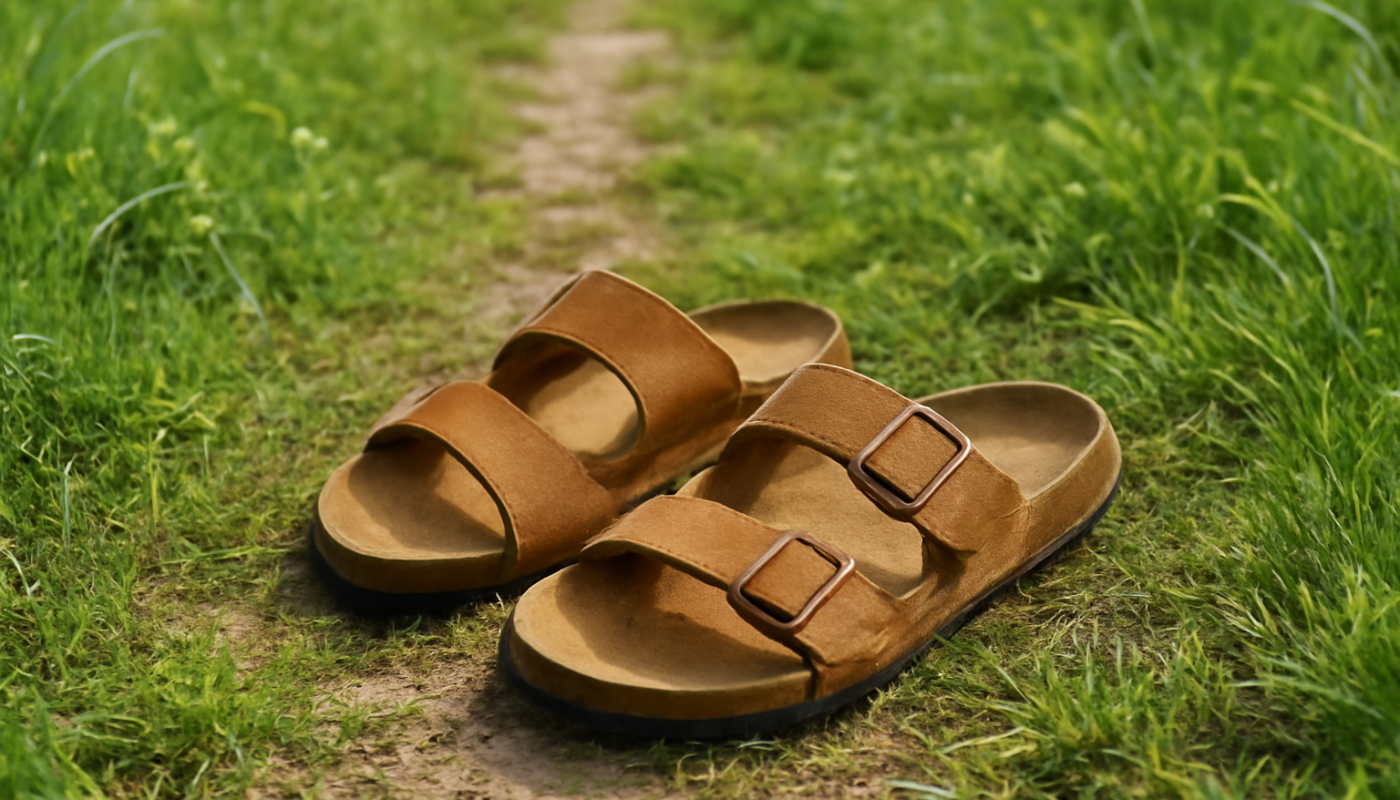 sandales posées sur chemin herbeux