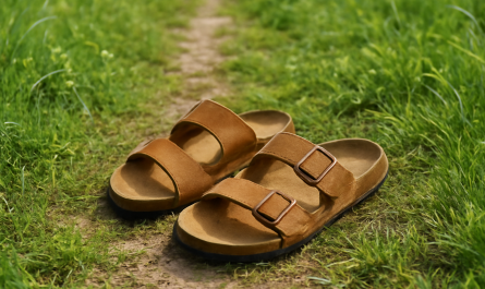 sandales posées sur chemin herbeux