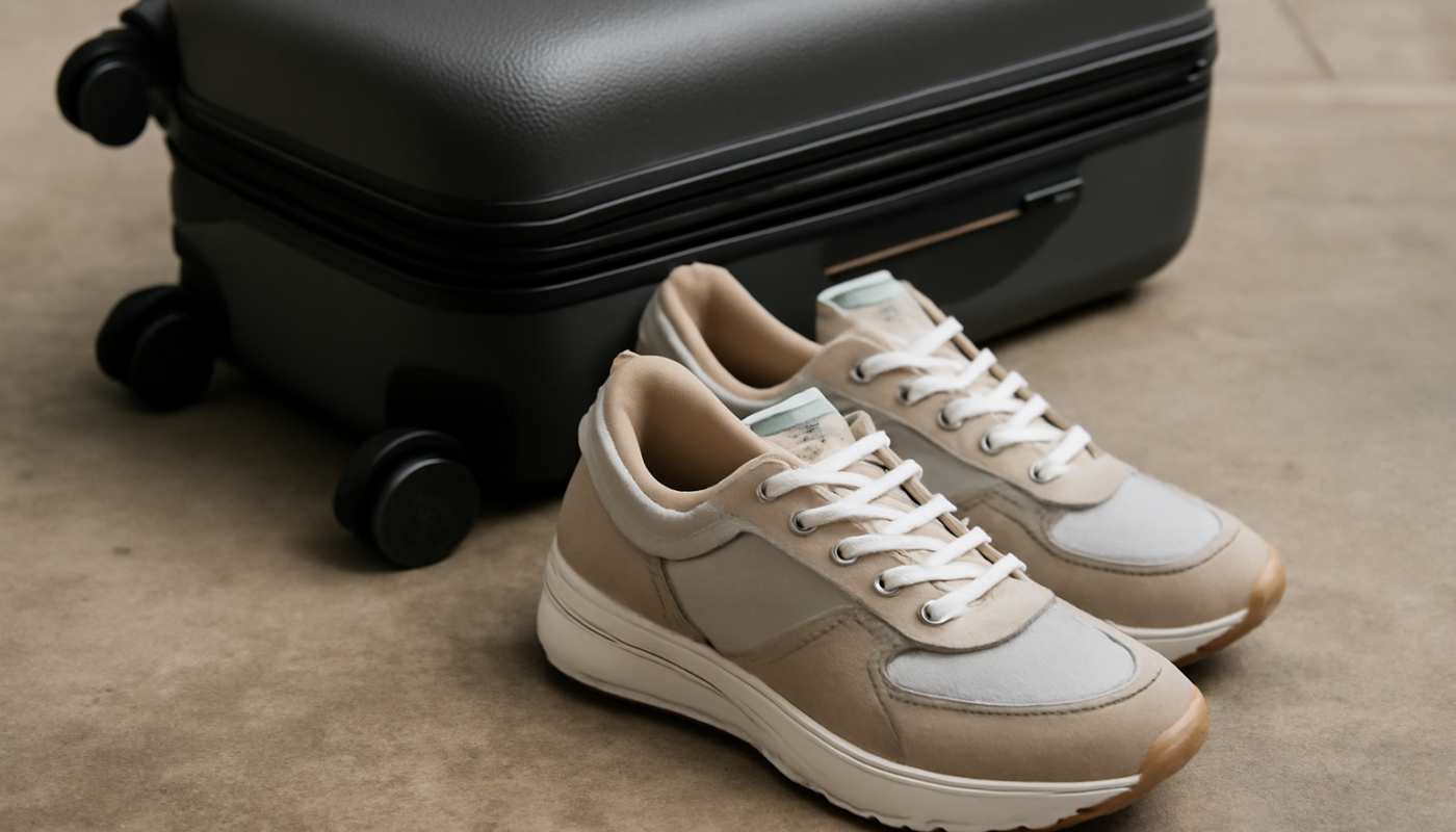 baskets stylées posees pres d'une valise