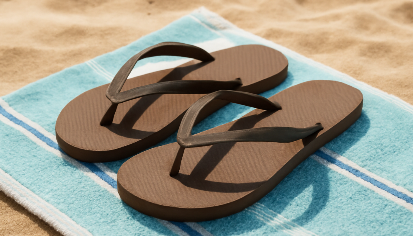 tongs posees sur serviette de plage