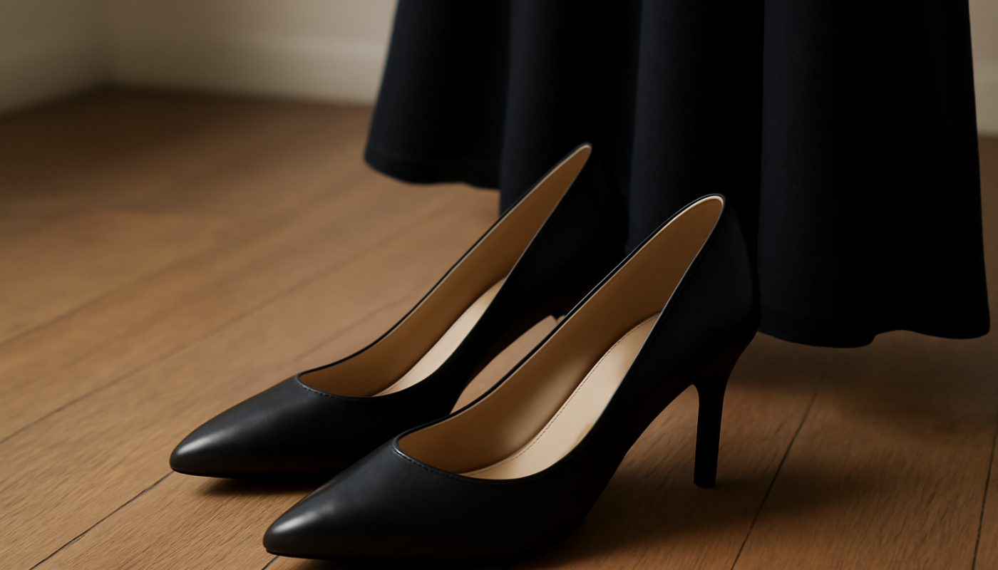 escarpins noirs poses pres d'une robe