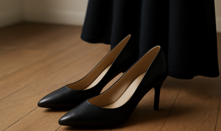 escarpins noirs poses pres d'une robe
