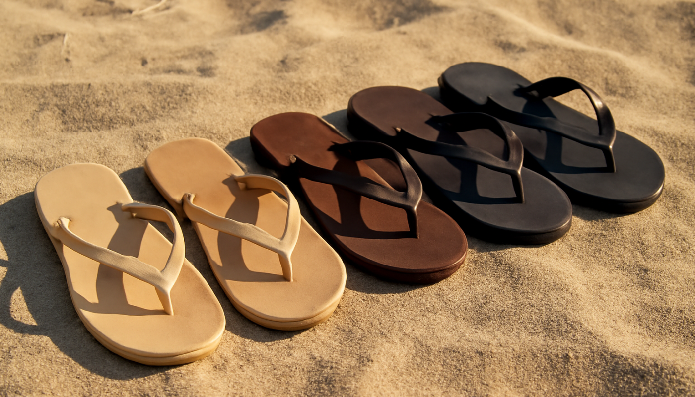 tongs alignées sur sable au soleil