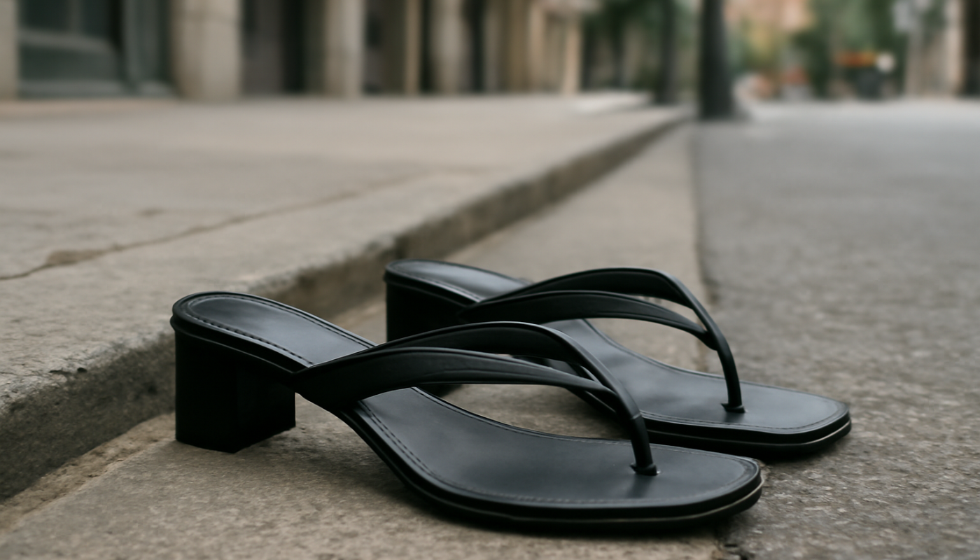 tongs elegantes posees sur trottoir urbain