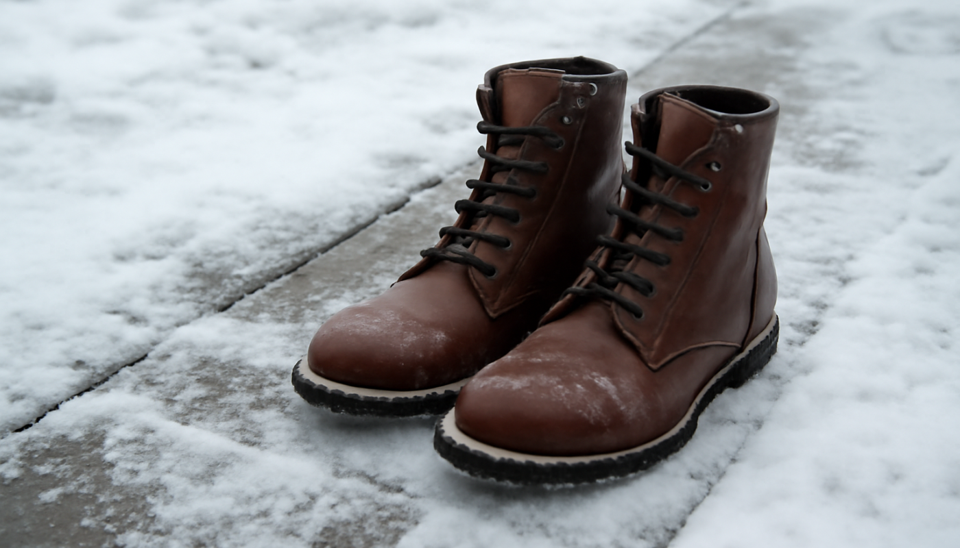 bottines montantes sur trottoir enneigé