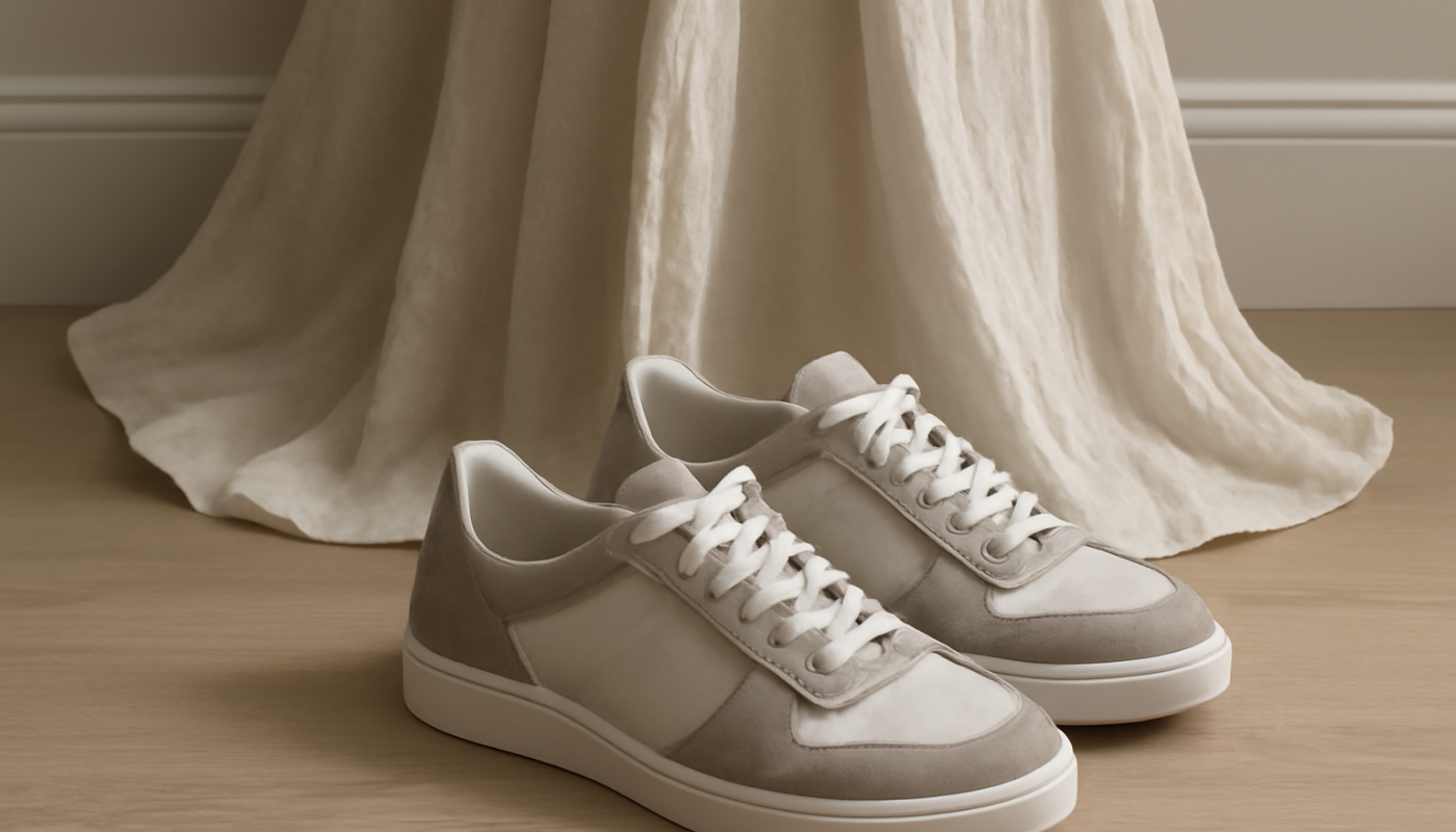 baskets elegantes posees pres d'une robe