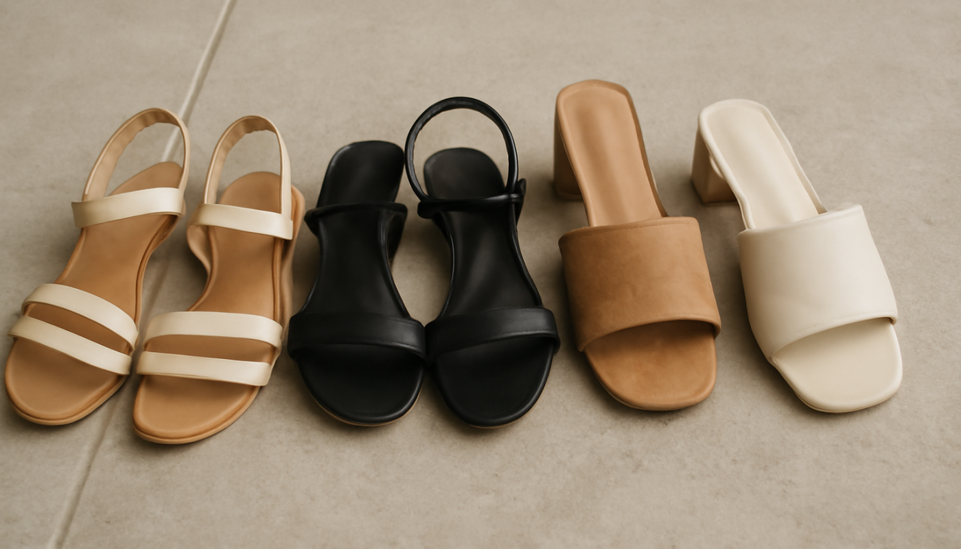 sandales à brides et mules alignées sur sol