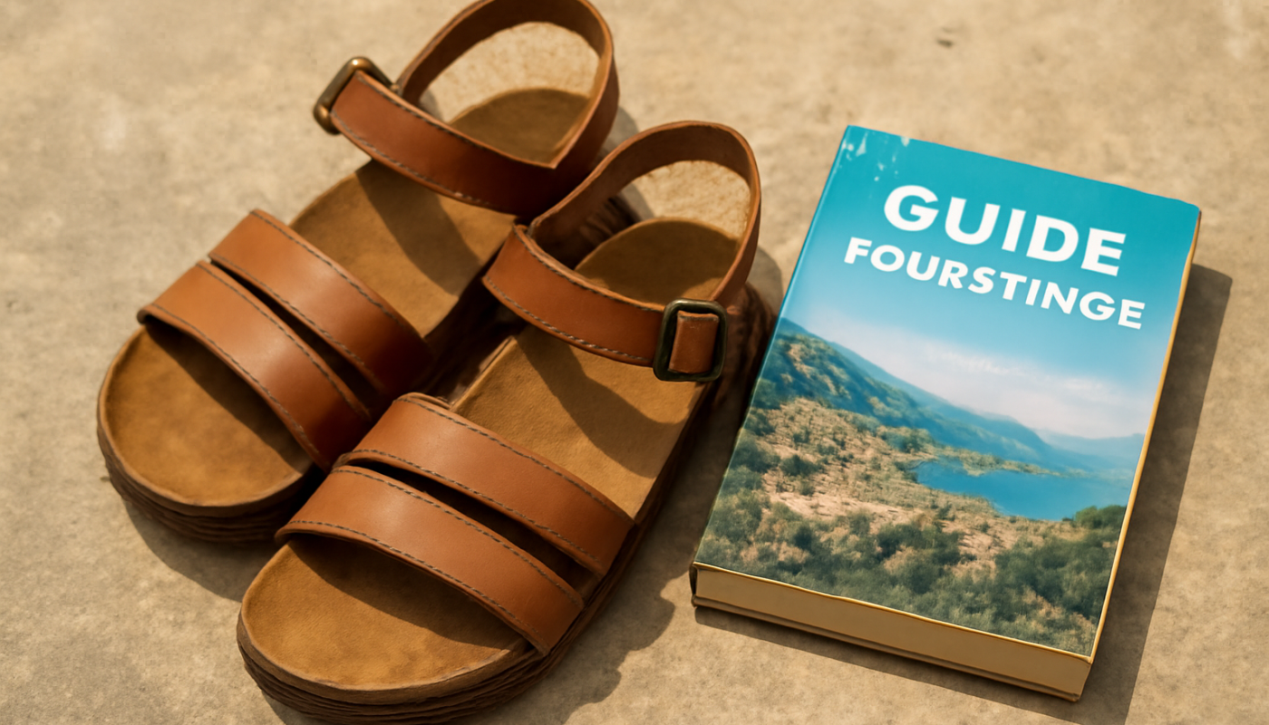 sandales posees pres d'un guide touristique