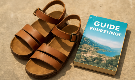 sandales posees pres d'un guide touristique