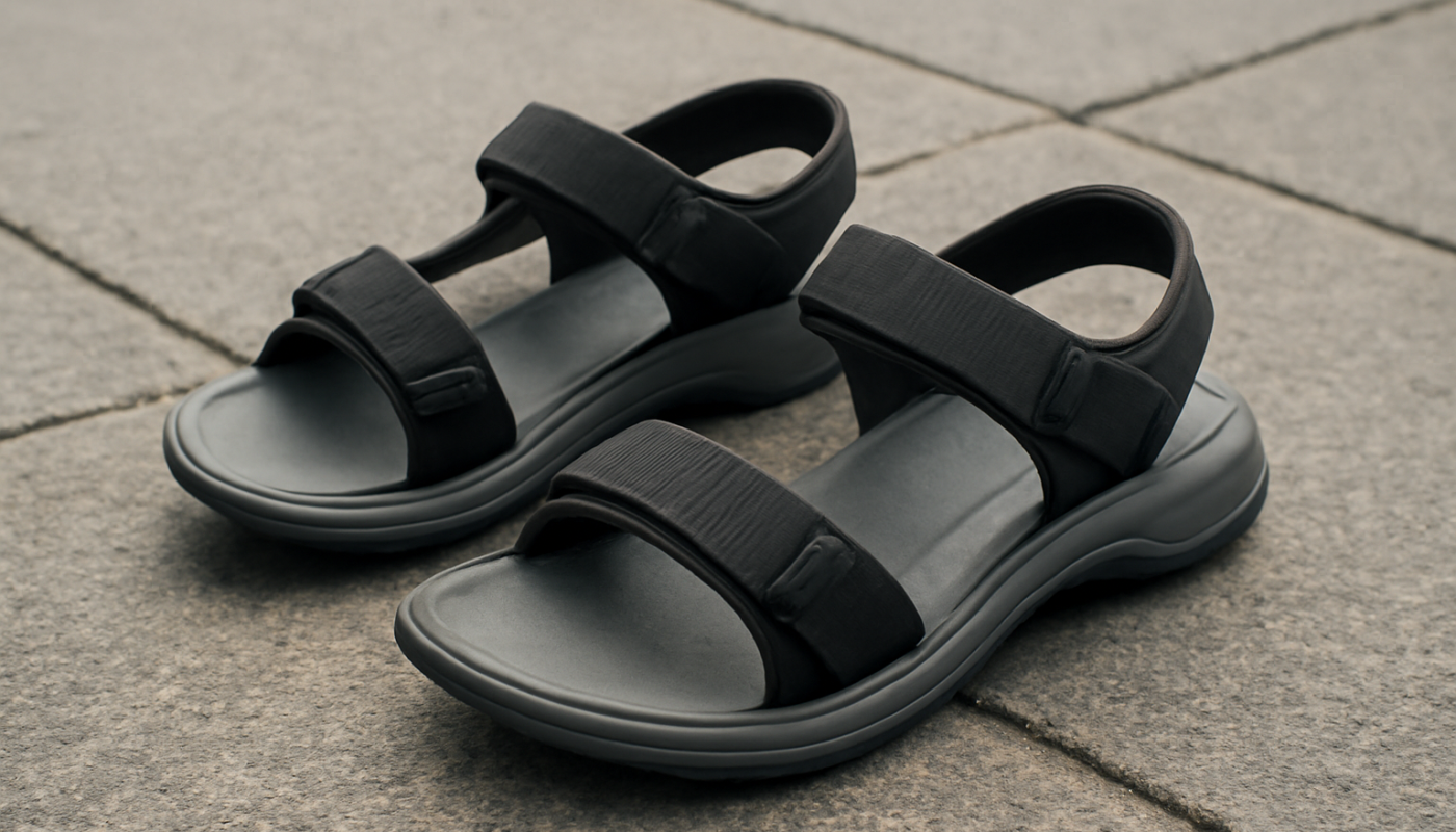 sandales ergonomiques posées sur trottoir urbain