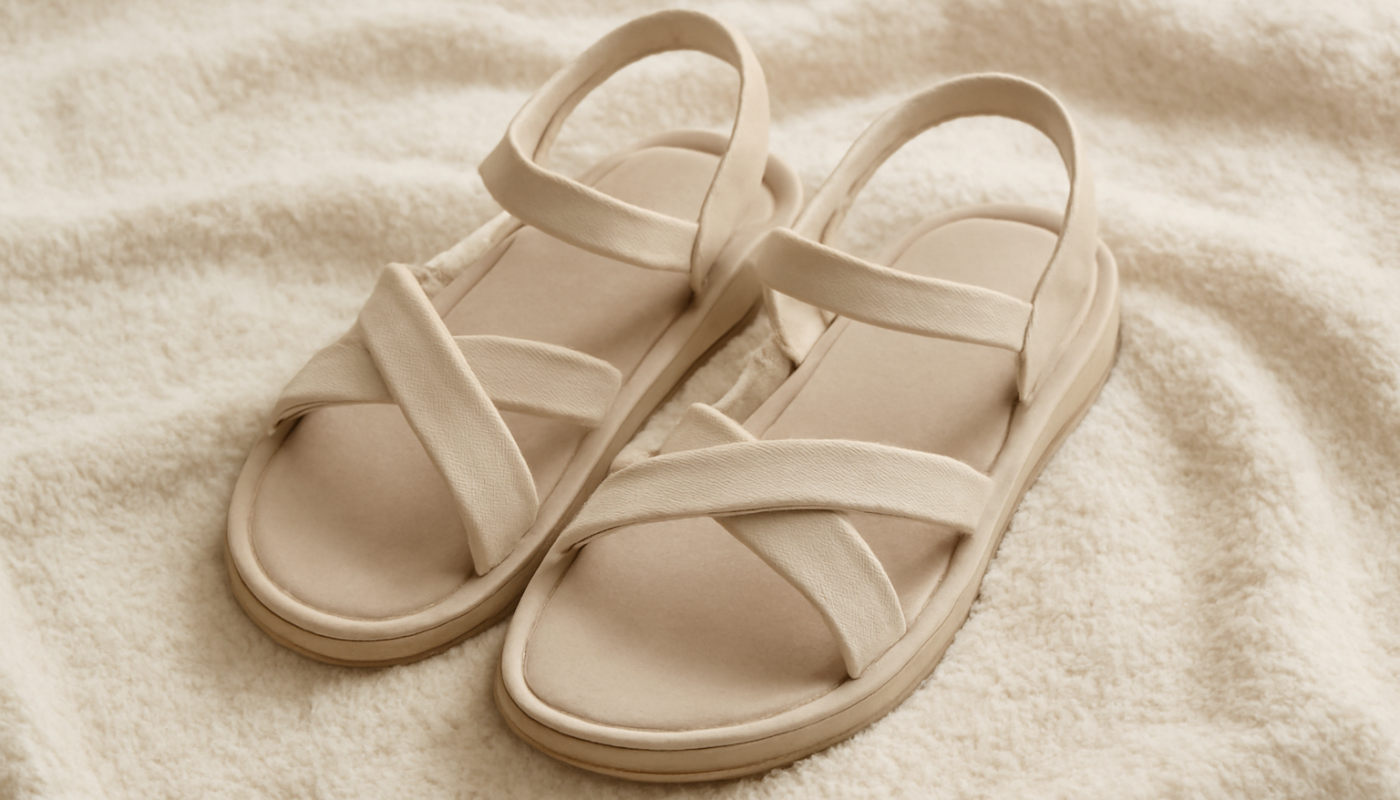 sandales à brides douces posées sur serviette