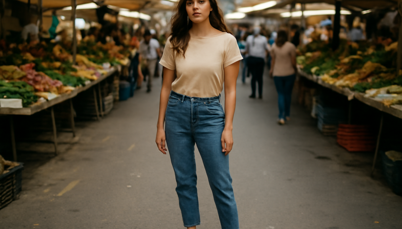femme debout en sandales au marché