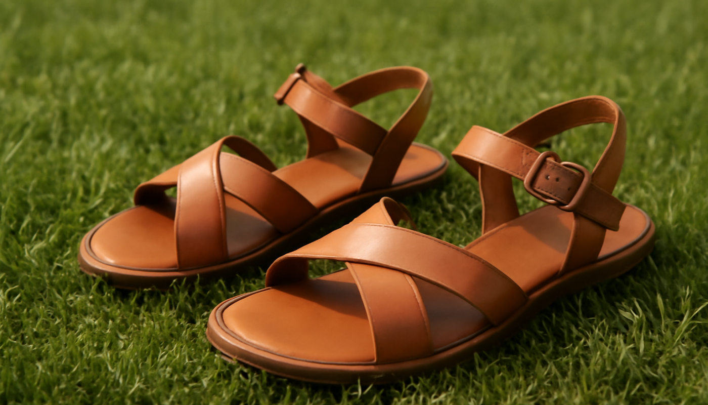 sandales posees sur herbe elegante