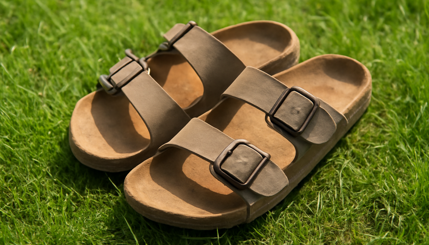 sandales posées sur plaid d'herbe verte