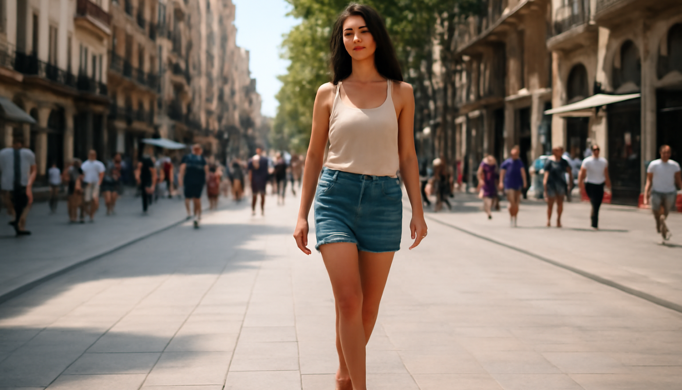 femme marchant en sandales sur avenue touristique