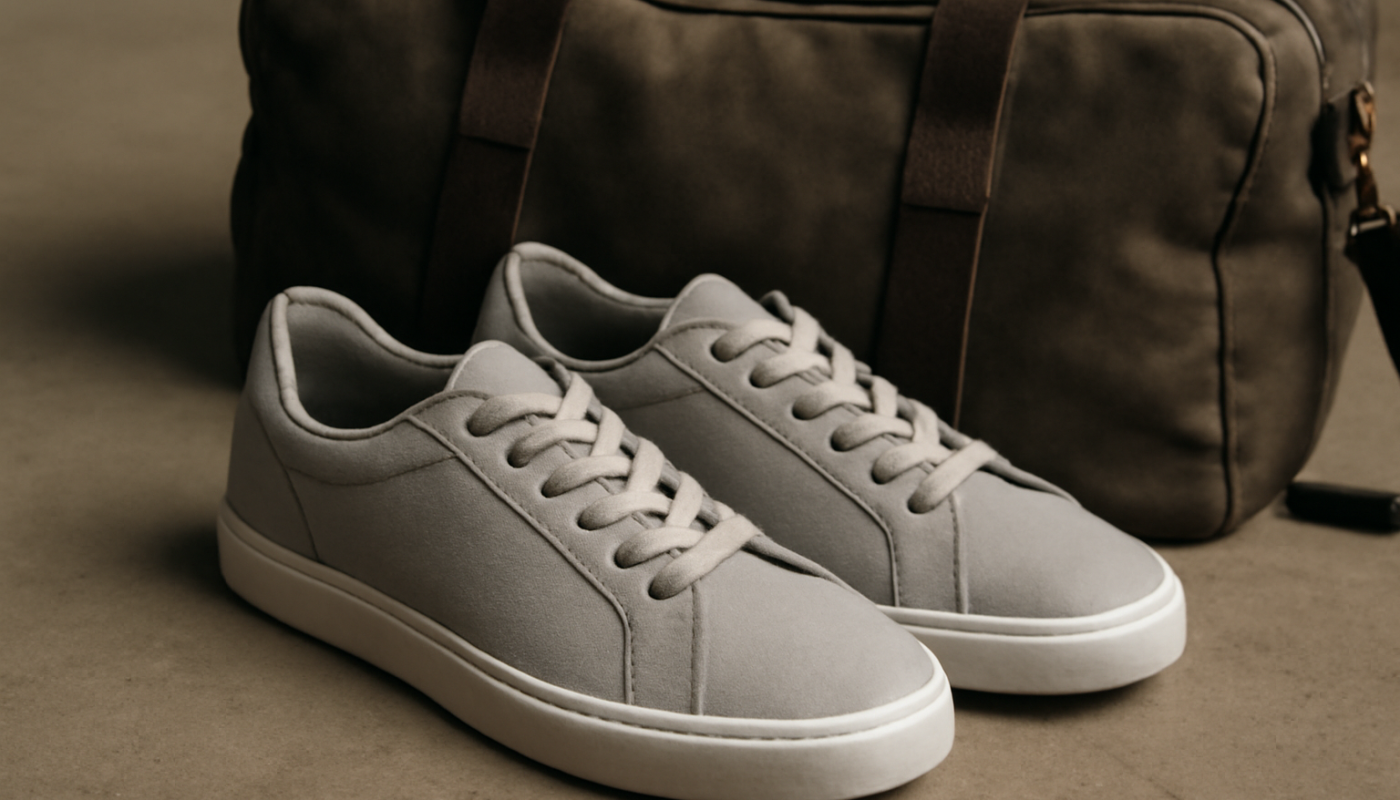paire de baskets pres d'un sac de voyage