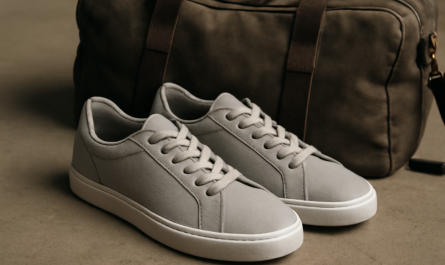 paire de baskets pres d'un sac de voyage
