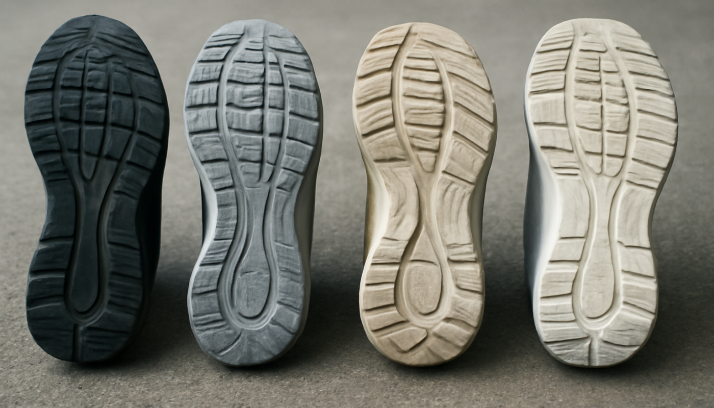 semelles de baskets alignees sur sol