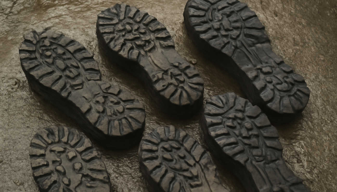 semelles crantees de plusieurs paires sur sol humide