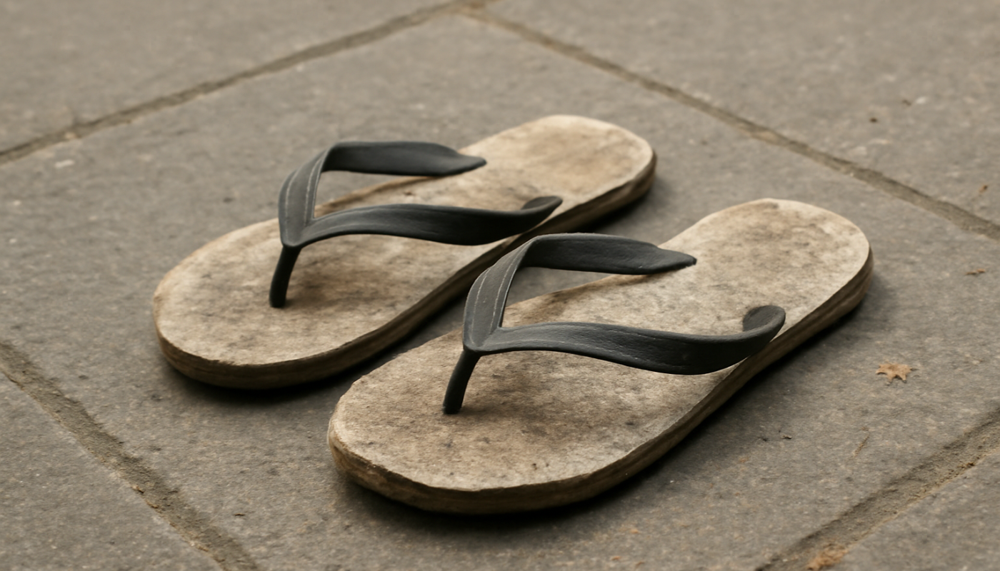tongs usées posées sur trottoir