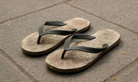tongs usées posées sur trottoir