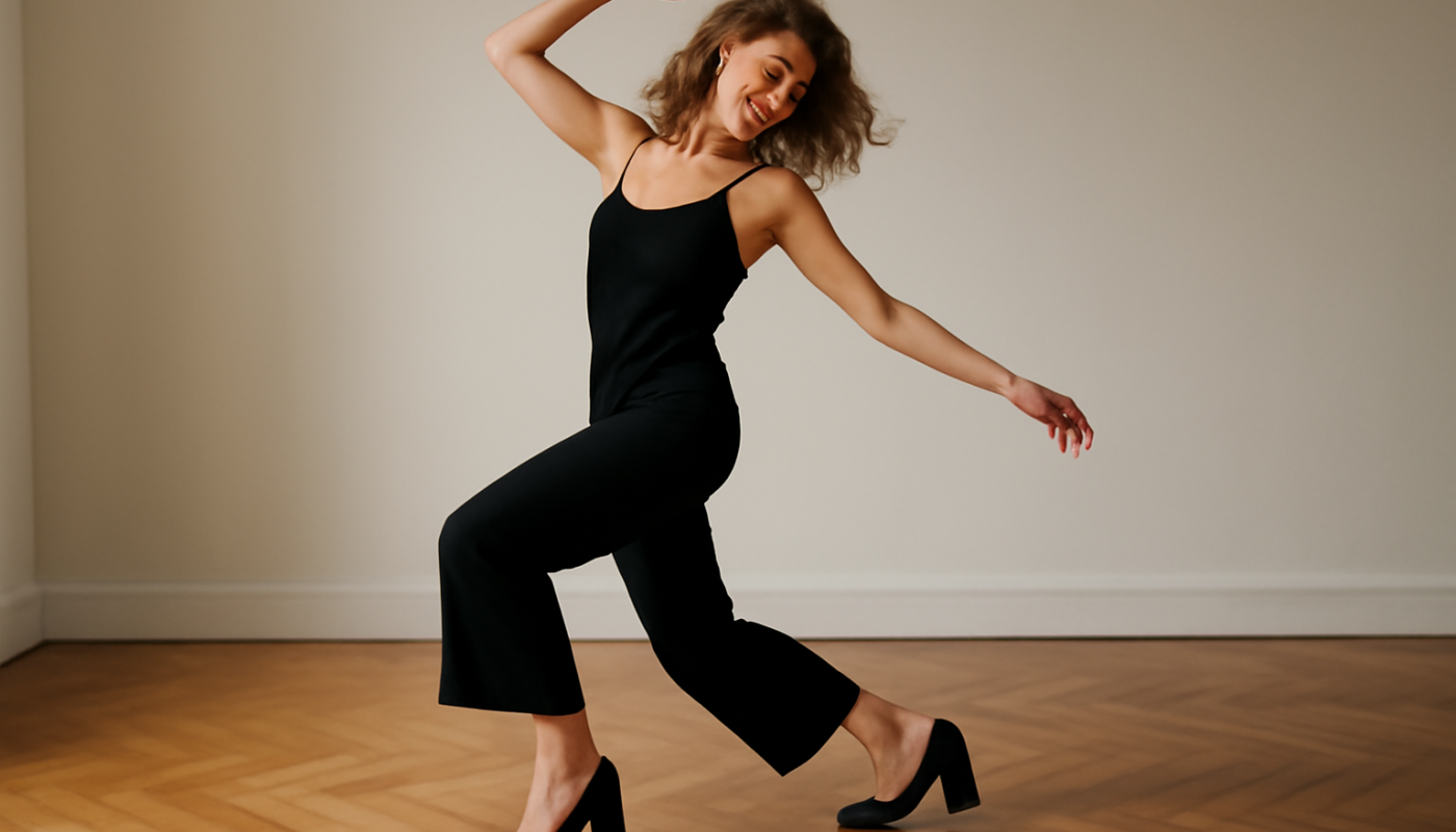 femme dansant en talons blocs sur parquet
