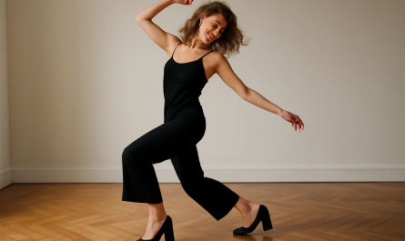 femme dansant en talons blocs sur parquet