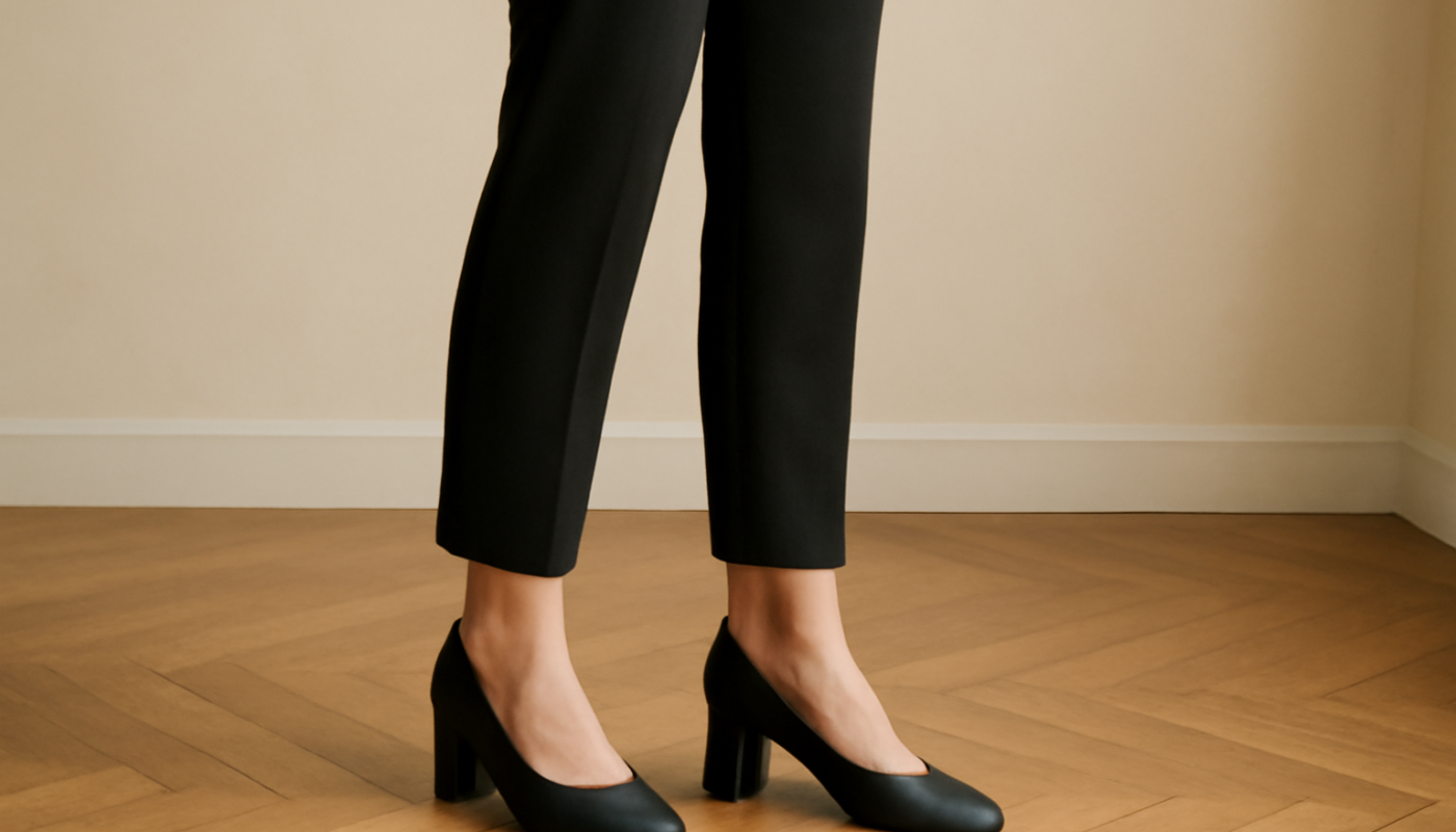 femme debout en talons carrés sur parquet