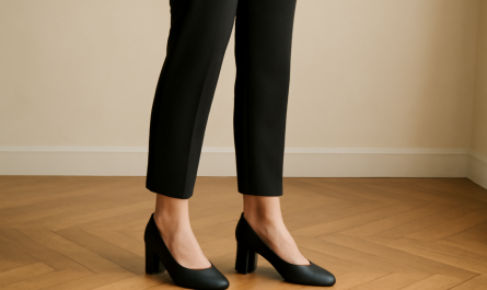 femme debout en talons carrés sur parquet