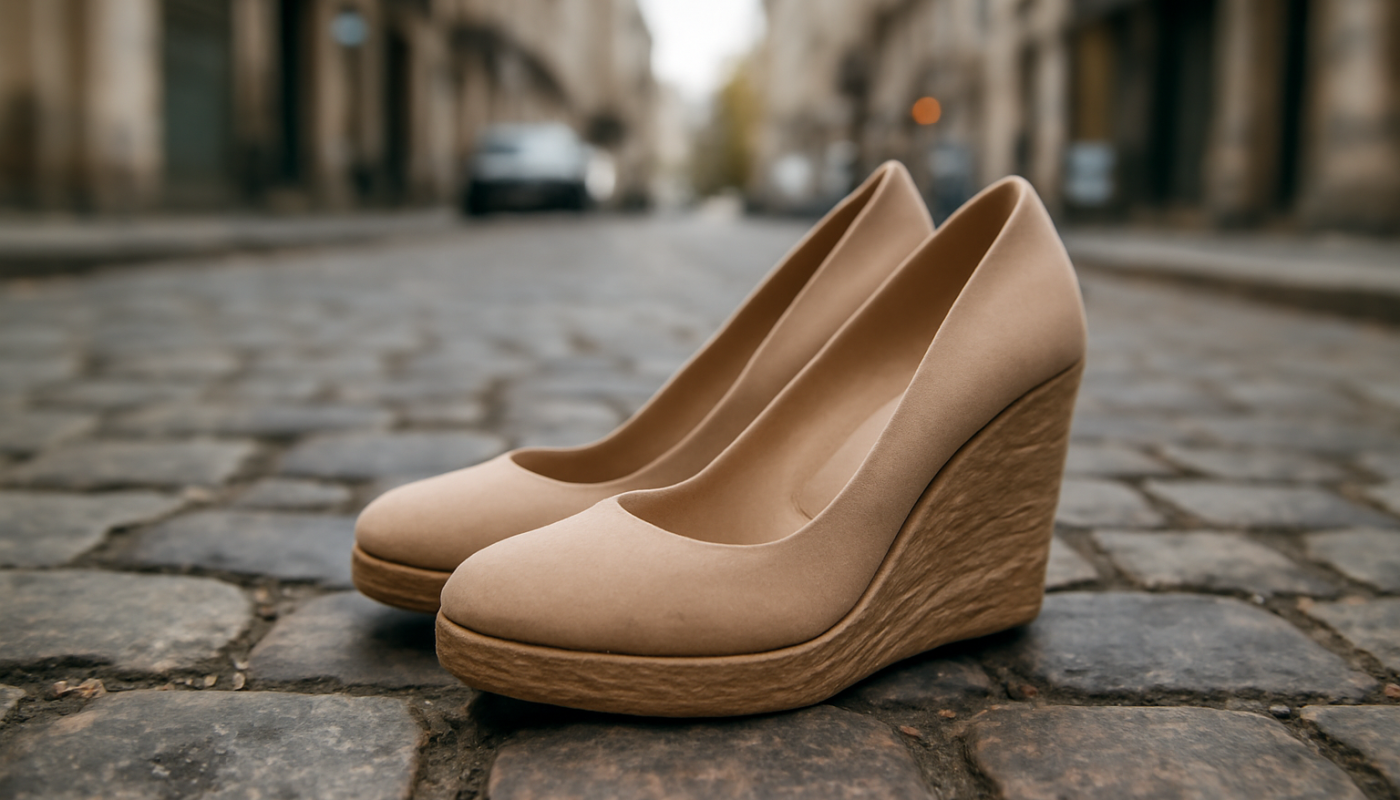 talons compensés sur pavé en ville