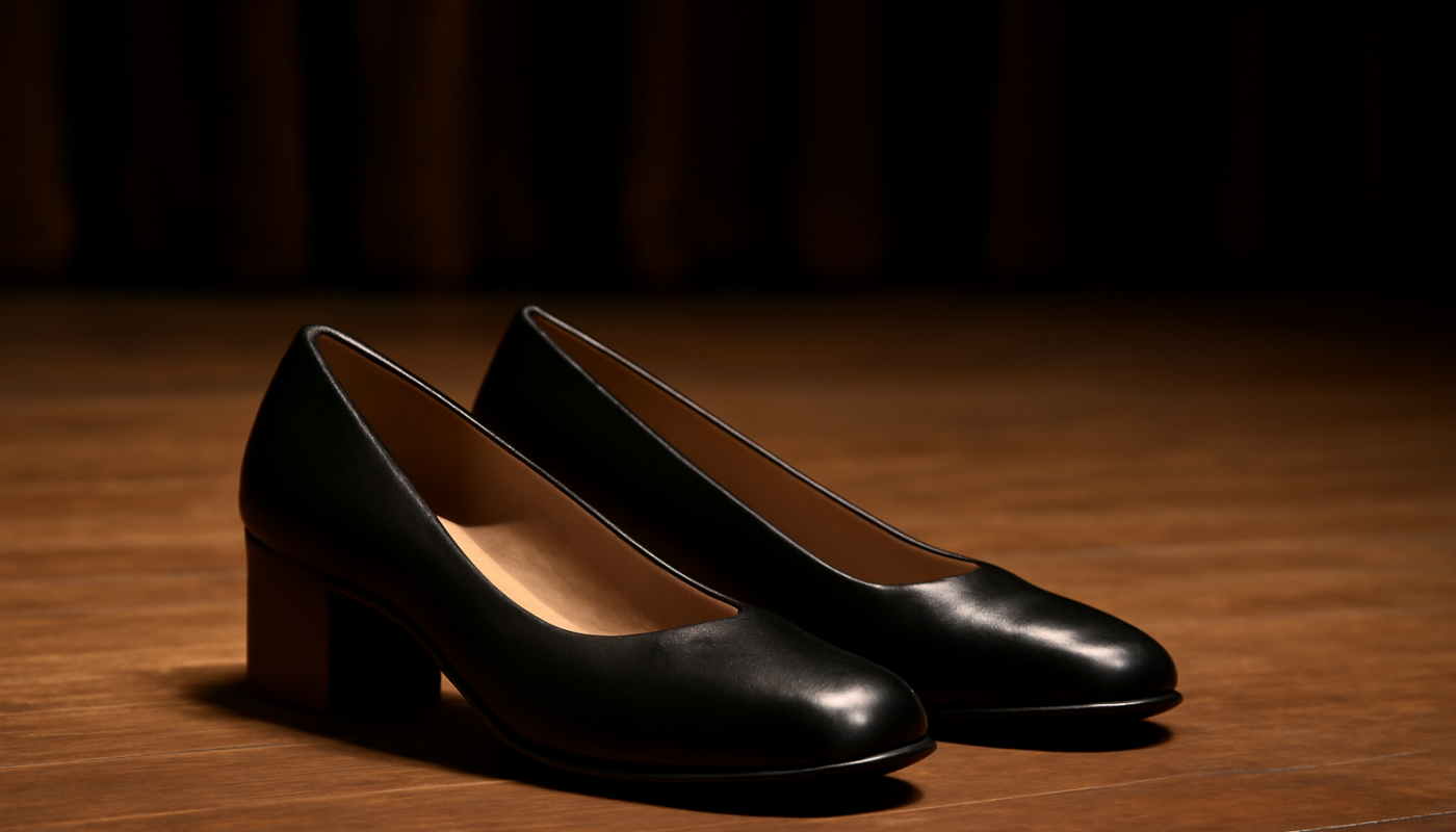 talons bas et larges posés sur scène