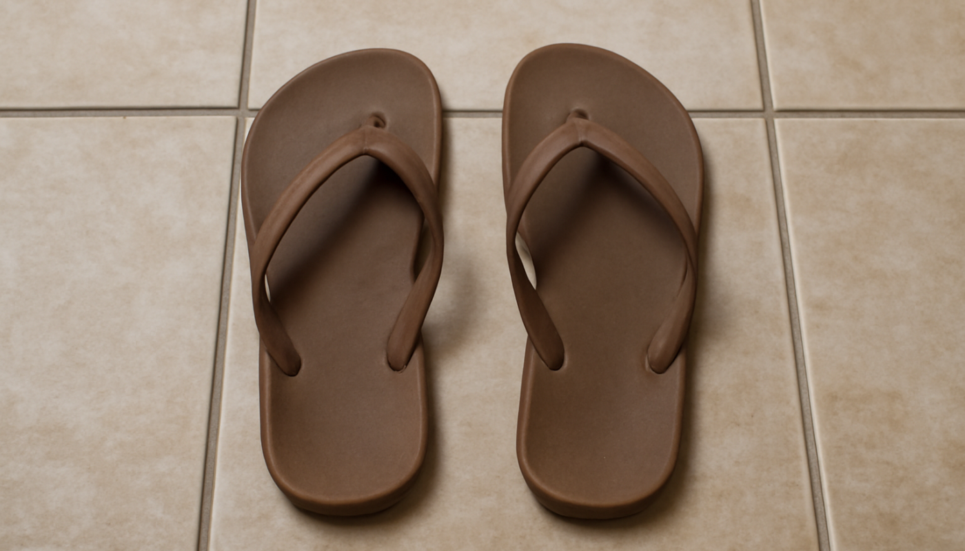 tongs posees cote a cote sur carrelage