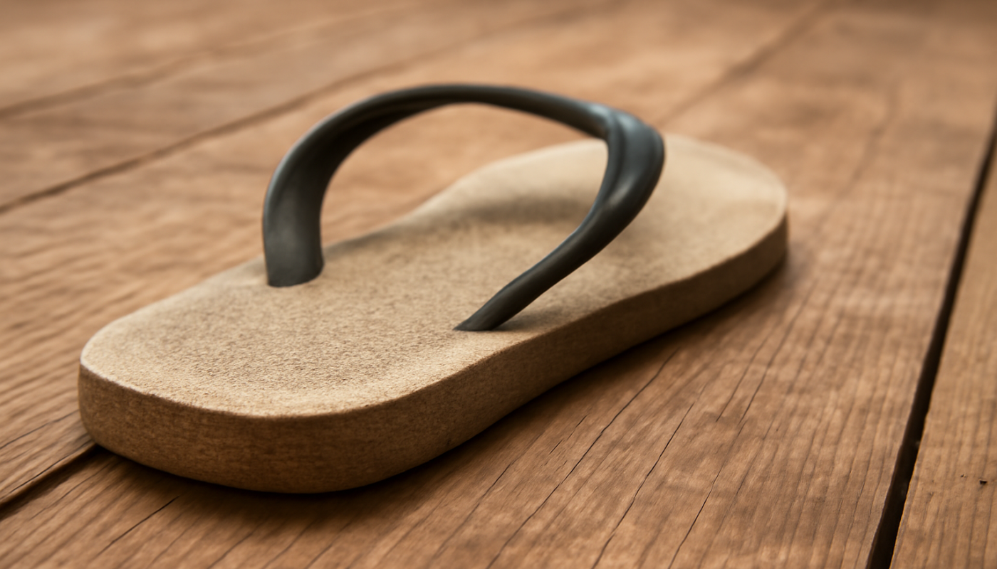 semelle de tongs frottant sur sol en bois