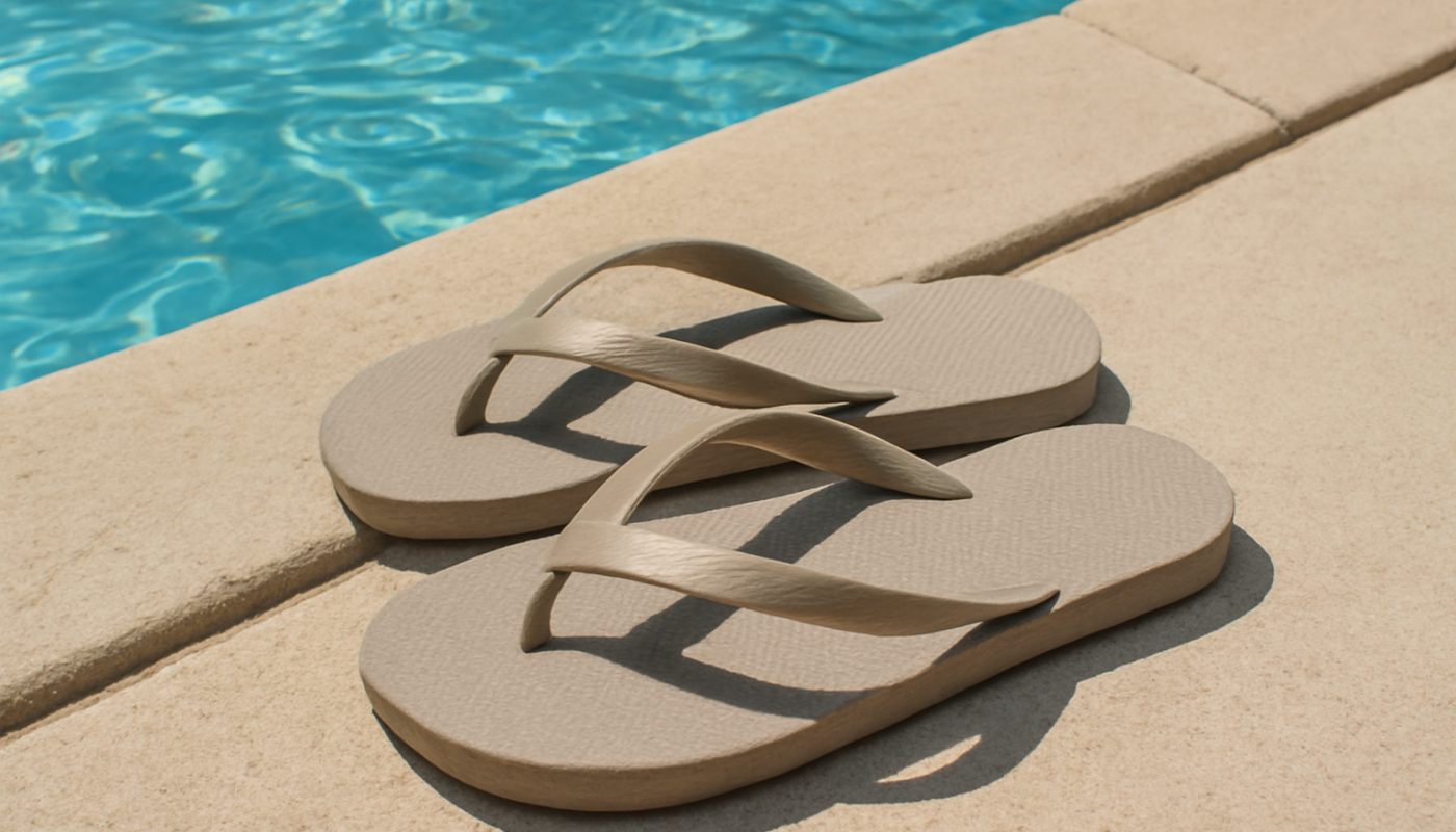 tongs posées près d'une bordure de piscine
