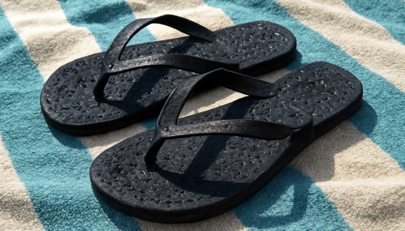 tongs humides posées sur serviette de plage