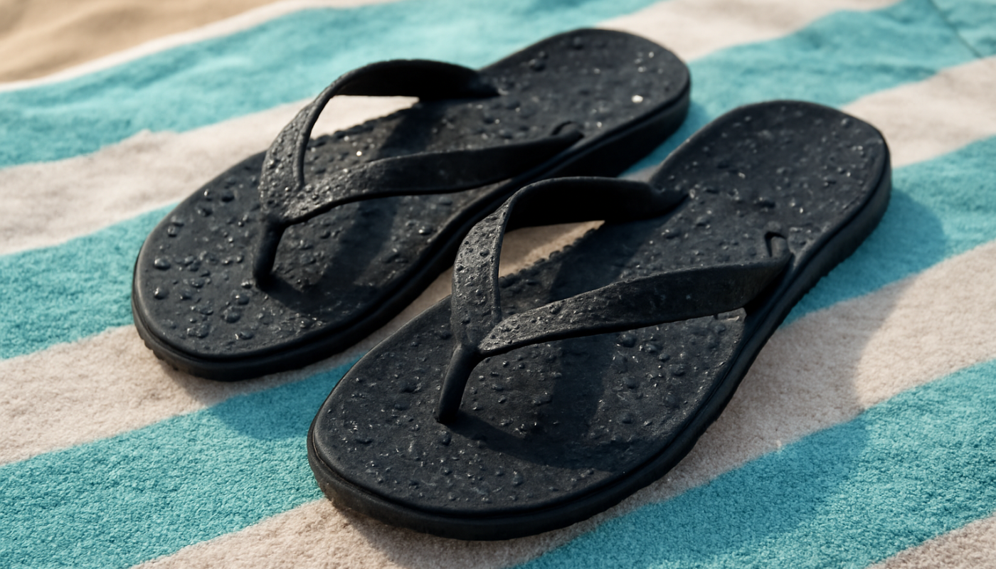 tongs humides posées sur serviette de plage