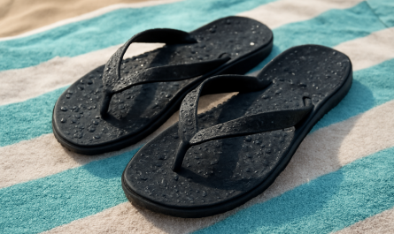 tongs humides posées sur serviette de plage