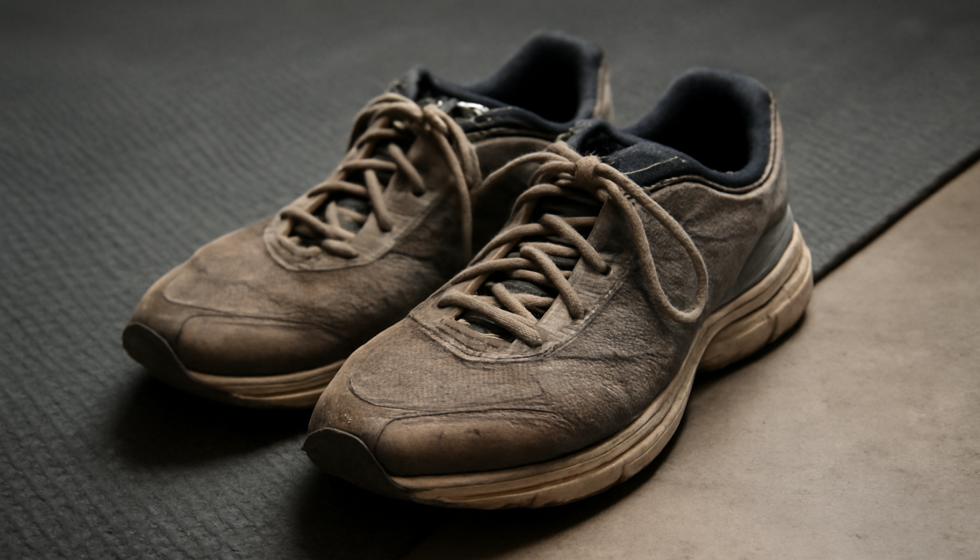 chaussures training usées près tapis