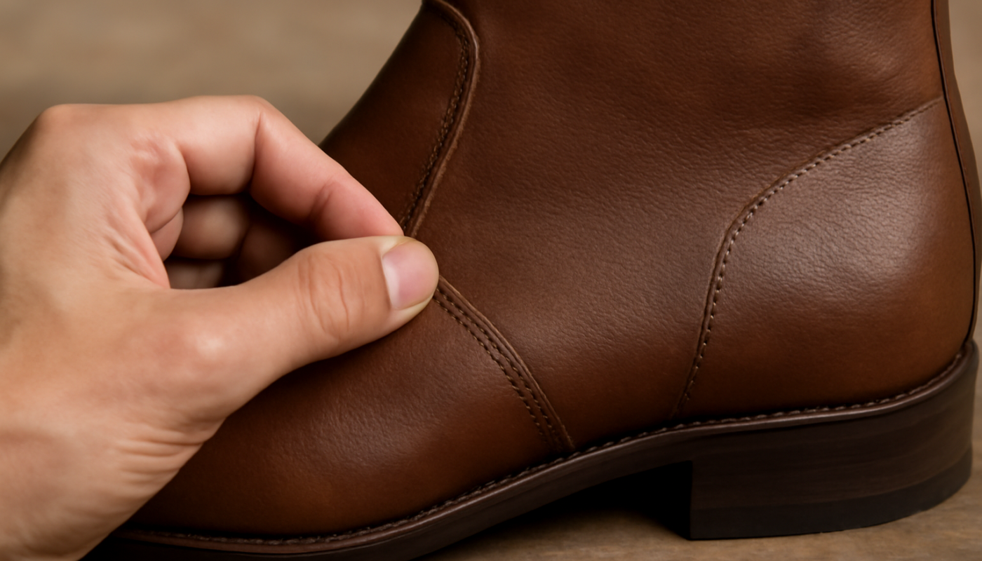 main inspectant couture d'une bottine