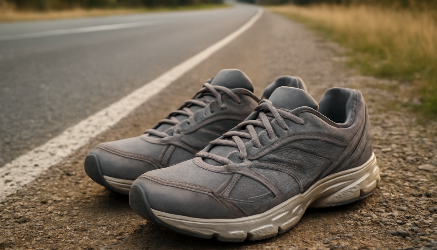 chaussures de running posées près d'une route