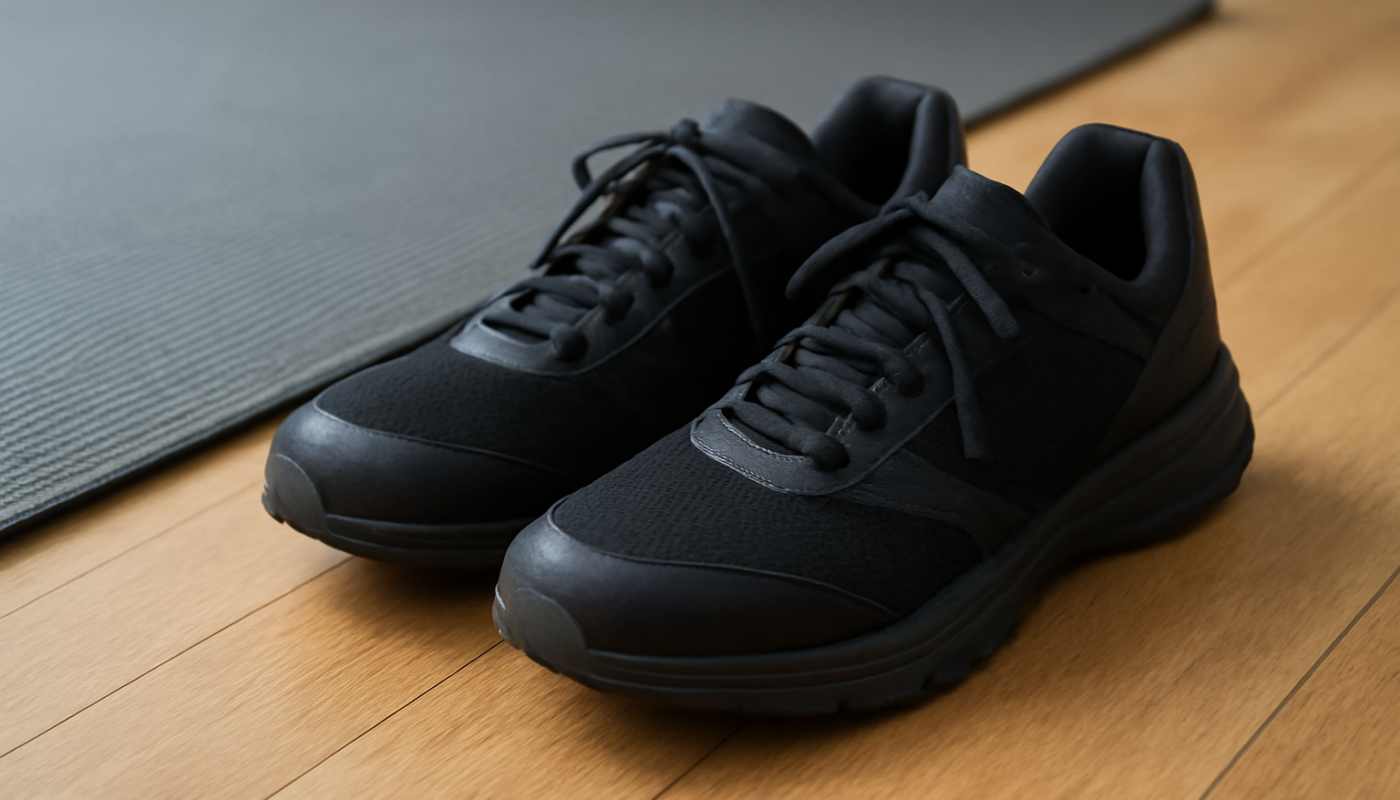 paire chaussures de sport près d'un tapis de gym