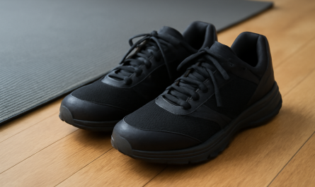 paire chaussures de sport près d'un tapis de gym