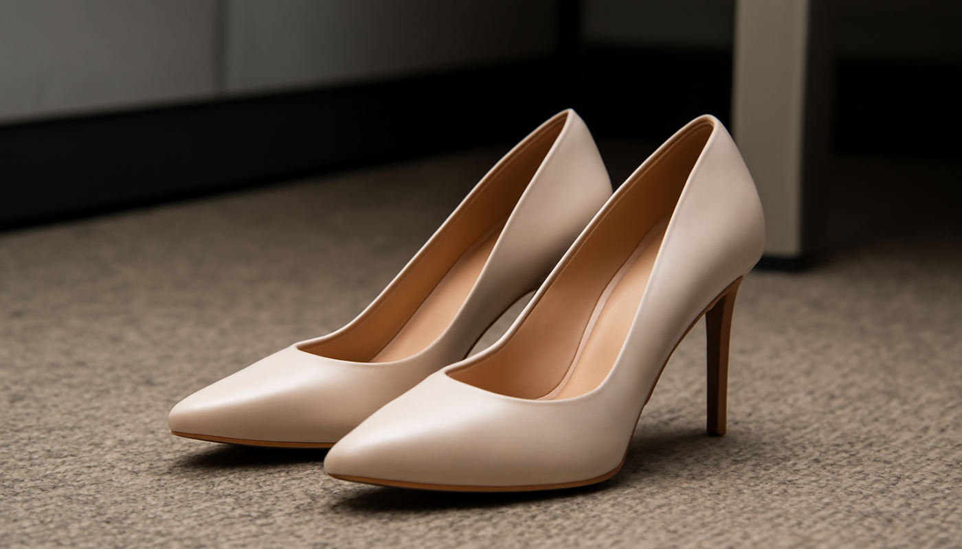 paire de talons posée sur un sol de bureau