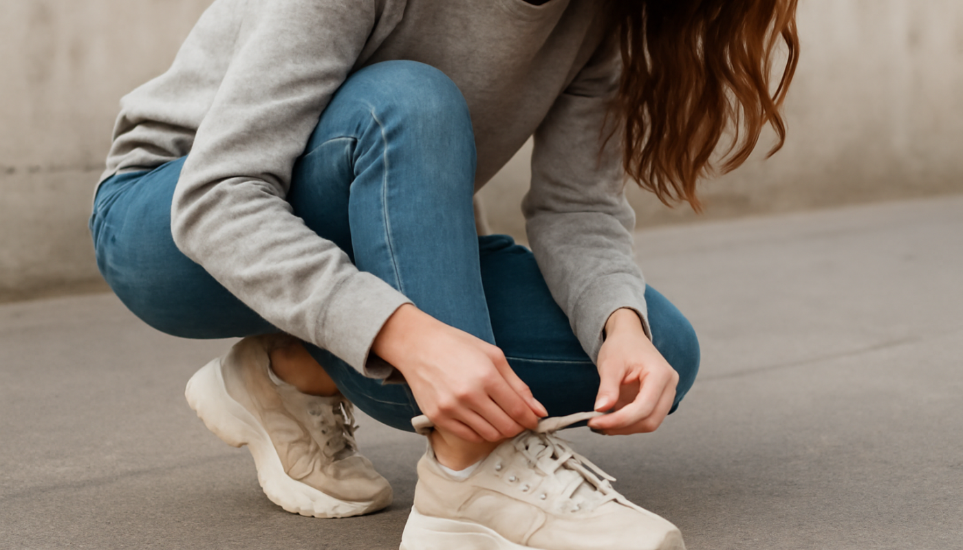 femme ajustant lacets de baskets larges