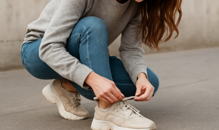 femme ajustant lacets de baskets larges