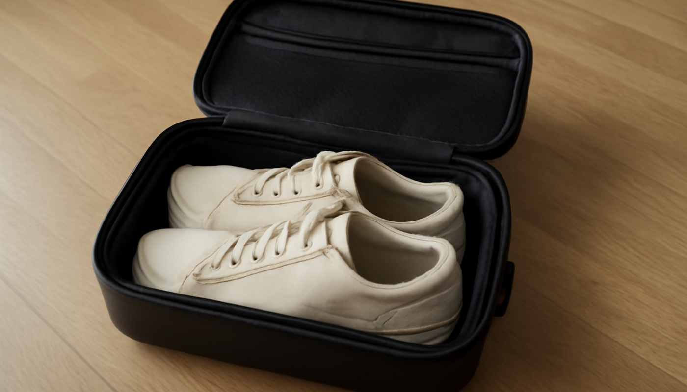 baskets pliees dans valise compacte ouverte