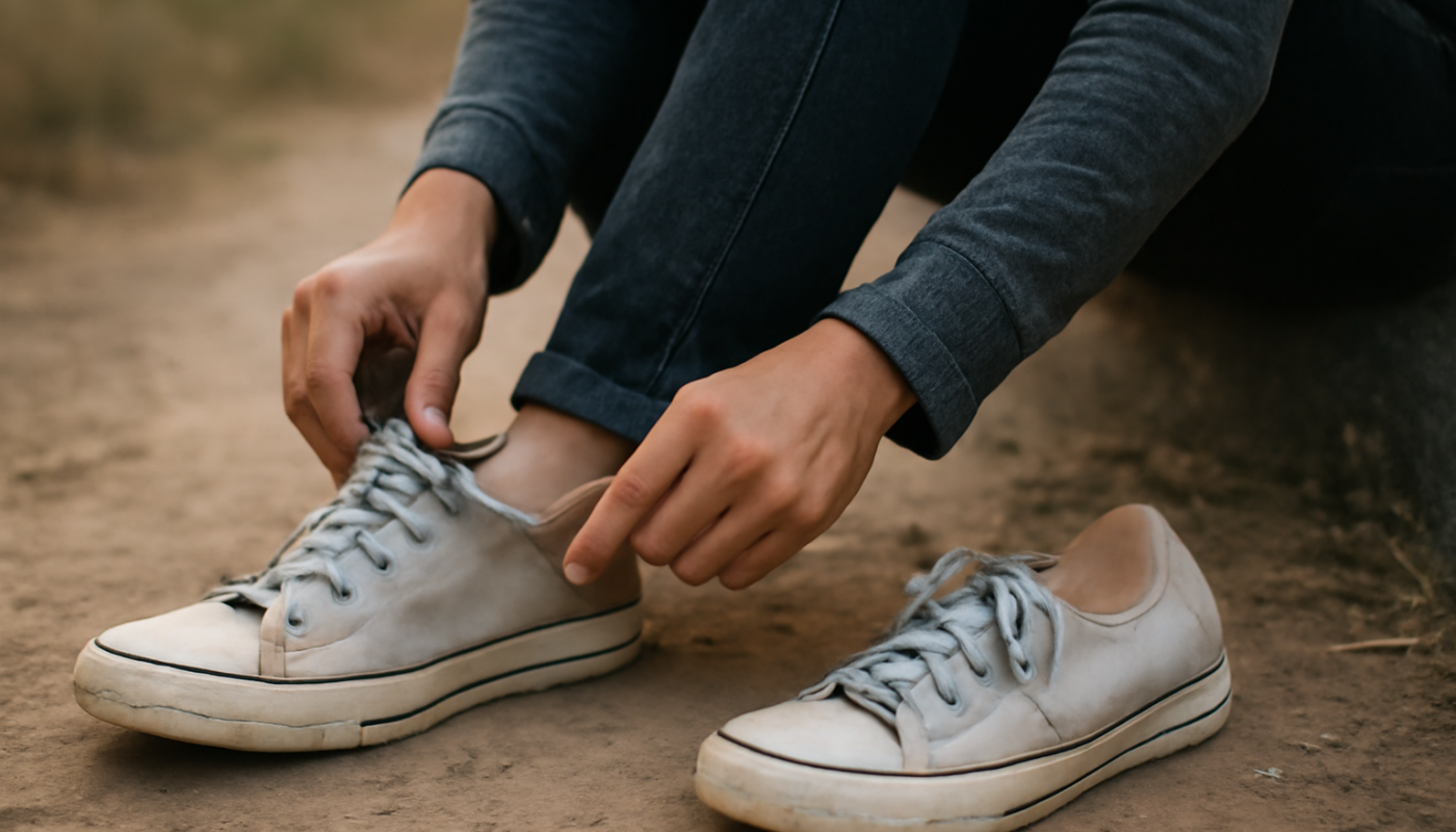 personne retirant ses baskets après longue marche