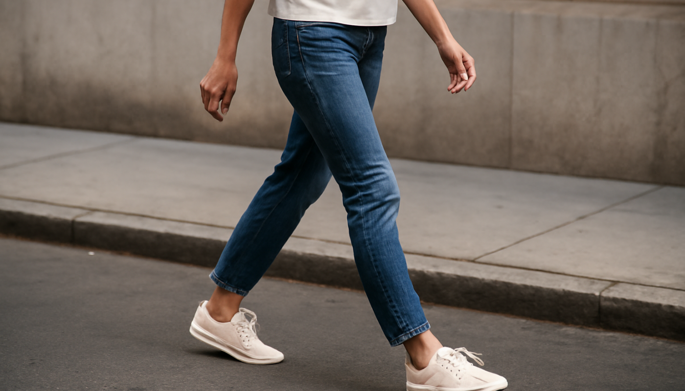 femme marchant en baskets basses sur trottoir